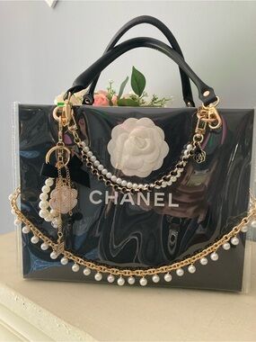 CHANEL Black Glossy Tote with Pearl & Gold Chain Accents medium tote